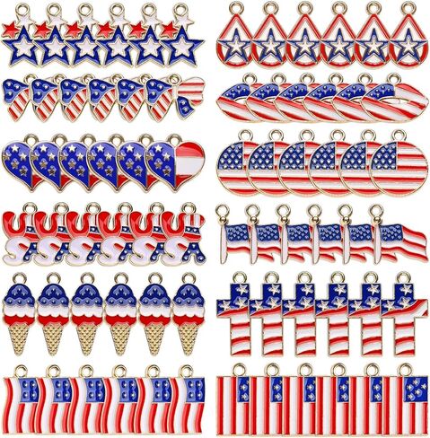 72 قطعة من سحر العلم الأمريكي، 12 نمطًا من سحر يوم الذكرى الوطني، قلادة سحر المينا بعلم الولايات المتحدة الأمريكية ليوم الاستقلال، سحر الرابع من يوليو لقلادة DIY وحلق وسوار لصنع المجوهرات in Kuwait