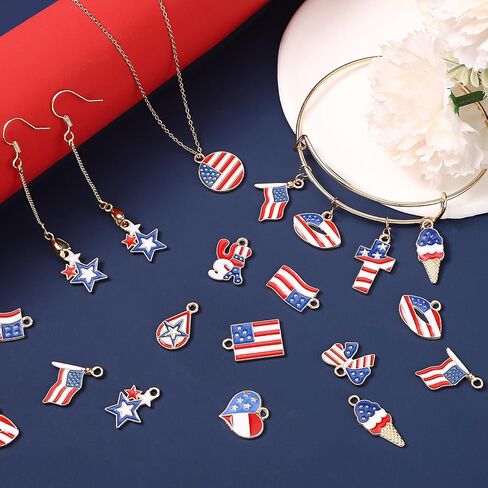 72 قطعة من سحر العلم الأمريكي، 12 نمطًا من سحر يوم الذكرى الوطني، قلادة سحر المينا بعلم الولايات المتحدة الأمريكية ليوم الاستقلال، سحر الرابع من يوليو لقلادة DIY وحلق وسوار لصنع المجوهرات in Kuwait