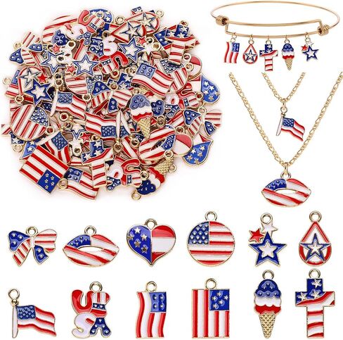 72 قطعة من سحر العلم الأمريكي، 12 نمطًا من سحر يوم الذكرى الوطني، قلادة سحر المينا بعلم الولايات المتحدة الأمريكية ليوم الاستقلال، سحر الرابع من يوليو لقلادة DIY وحلق وسوار لصنع المجوهرات in Kuwait