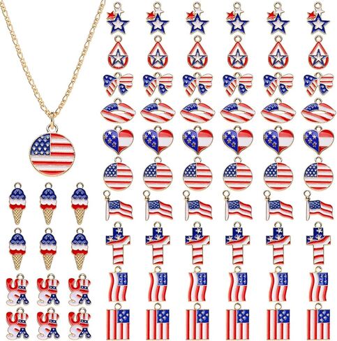 72 قطعة من سحر العلم الأمريكي، 12 نمطًا من سحر يوم الذكرى الوطني، قلادة سحر المينا بعلم الولايات المتحدة الأمريكية ليوم الاستقلال، سحر الرابع من يوليو لقلادة DIY وحلق وسوار لصنع المجوهرات in Kuwait