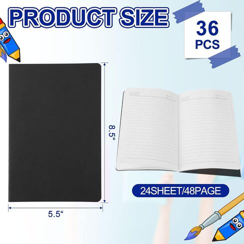 36 Pack A5 Journal Notebook Soft Cover Notebooks 48 Page Travel Notebook Writing Drawing Blank Cover Journal Memo Diary Subject for Students School Classroom Office (Black,Transverse Line) in Saudi Arabia