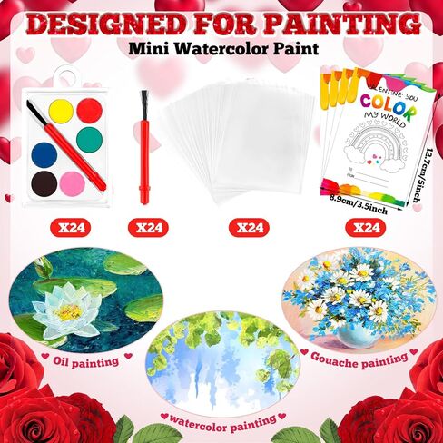 72 قطعة من هدايا عيد الحب تتضمن 24 بطاقة عيد الحب و24 لونًا مائيًا و24 كيس ختم للمدرسة والفصول الدراسية للأولاد والبنات والأطفال وتبادل الهدايا المضحكة في حفلات عيد الحب in Kuwait