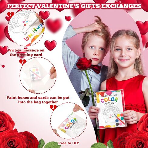 72 قطعة من هدايا عيد الحب تتضمن 24 بطاقة عيد الحب و24 لونًا مائيًا و24 كيس ختم للمدرسة والفصول الدراسية للأولاد والبنات والأطفال وتبادل الهدايا المضحكة في حفلات عيد الحب in Kuwait