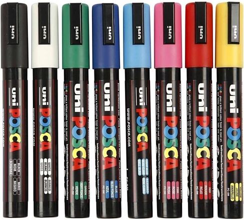 Uni-Ball POSCA PC-5M [مجموعة من 8 أقلام] تتضمن قلمًا واحدًا من كل منها - الأسود والأبيض والوردي والأحمر والأصفر والأخضر والأزرق والأزرق الفاتح in Saudi Arabia