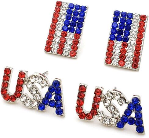 الوطنية الأحمر والأبيض والأزرق العلم الأمريكي الولايات المتحدة الأمريكية 4 يوليو الاستقلال مثقوب 2 زوج أقراط مجموعة in Kuwait