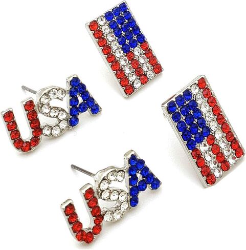 الوطنية الأحمر والأبيض والأزرق العلم الأمريكي الولايات المتحدة الأمريكية 4 يوليو الاستقلال مثقوب 2 زوج أقراط مجموعة in Kuwait