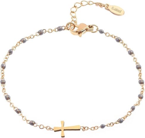 LG Gifts Ltd. سوار متقاطع مطلي بالذهب مع خرز ملون | سوار صليب مسبحة للنساء المسيحيات مع سلسلة ربط قابلة للتعديل in Kuwait