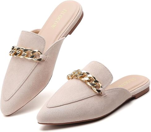 Tilocow Mules for Woman Metal Chain Slip On Flats Business Pointed Toe Loafers Backless Women Mule Shoes in Saudi Arabia