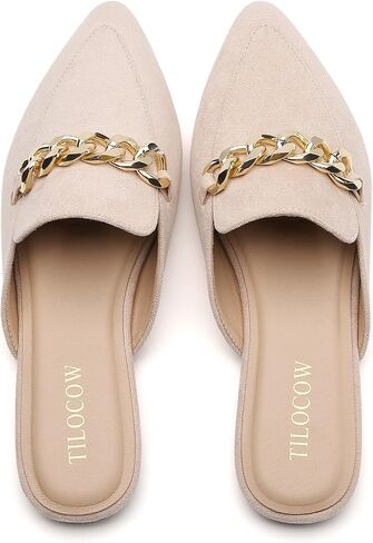 Tilocow Mules for Woman Metal Chain Slip On Flats Business Pointed Toe Loafers Backless Women Mule Shoes in Saudi Arabia