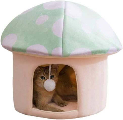 Cat Nest Mushroom Shape Cat House Semi-Enclosed Cave-Style Warm Cat House Removable and Washable Soft Cat and Dog Nest with Funny Cat Ball Pet Nest (Green) in Saudi Arabia