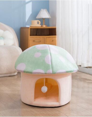 Cat Nest Mushroom Shape Cat House Semi-Enclosed Cave-Style Warm Cat House Removable and Washable Soft Cat and Dog Nest with Funny Cat Ball Pet Nest (Green) in Saudi Arabia