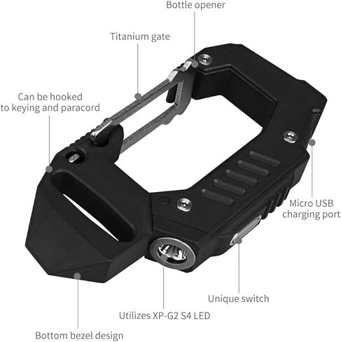 مصباح يدوي MecArmy FL10 TC4 تيتانيوم USB قابل لإعادة الشحن، 360 لومن مبتكر EDC Carabiner Flashlight، مصباح يدوي خفيف الوزن متعدد الوظائف مع فتاحة زجاجات (أسود عتيق) in Kuwait