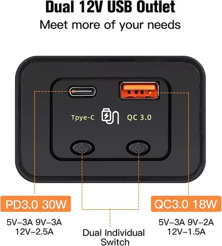 12V USB Outlet Panel 48W PD3.0 & QC3.0 Car Charger Socket with Dual Switch, Surface Mount Dual USB C Power Outlet Adapter with 3FT Wires 10A Fuse for RV Marine Boat Bus ATV Truck in Saudi Arabia