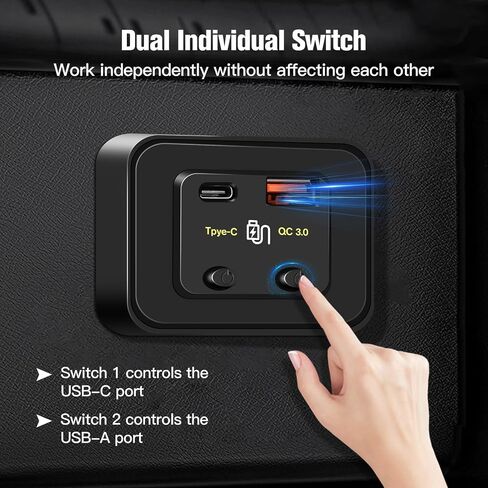 12V USB Outlet Panel 48W PD3.0 & QC3.0 Car Charger Socket with Dual Switch, Surface Mount Dual USB C Power Outlet Adapter with 3FT Wires 10A Fuse for RV Marine Boat Bus ATV Truck in Saudi Arabia
