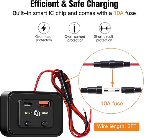 12V USB Outlet Panel 48W PD3.0 & QC3.0 Car Charger Socket with Dual Switch, Surface Mount Dual USB C Power Outlet Adapter with 3FT Wires 10A Fuse for RV Marine Boat Bus ATV Truck in Saudi Arabia
