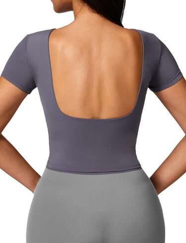 Women's Backless Workout Tops Double Lined Slim Fit Tee Sexy Open Back Shirts Summer Y2K Crop Short Sleeve Shirts in Saudi Arabia