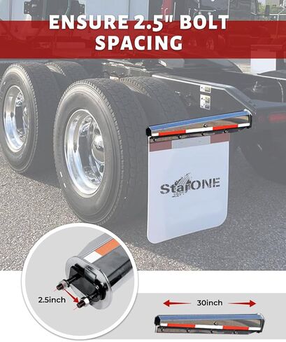 شماعات رفرف الطين المحملة بنابض من الكروم شديدة التحمل مباشرة لشبه الشاحنات | تباعد البراغي 2.5 بوصة، الطول 30 بوصة، مع أشرطة عاكسة من الألومنيوم (قطعتان) in Kuwait