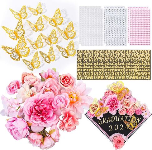 Graduation Cap Decorations Kit Include Assorted Flowers 3D Butterfly Stickers Glitter Rhinestones Alphabet Letter Number Stickers for DIY Grad Cap 2025 Graduation Party Supplies (Pink Flower) in Saudi Arabia