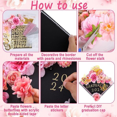 Graduation Cap Decorations Kit Include Assorted Flowers 3D Butterfly Stickers Glitter Rhinestones Alphabet Letter Number Stickers for DIY Grad Cap 2025 Graduation Party Supplies (Pink Flower) in Saudi Arabia