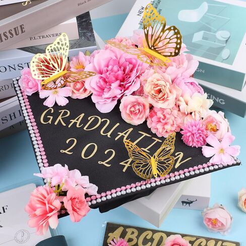 Graduation Cap Decorations Kit Include Assorted Flowers 3D Butterfly Stickers Glitter Rhinestones Alphabet Letter Number Stickers for DIY Grad Cap 2025 Graduation Party Supplies (Pink Flower) in Saudi Arabia
