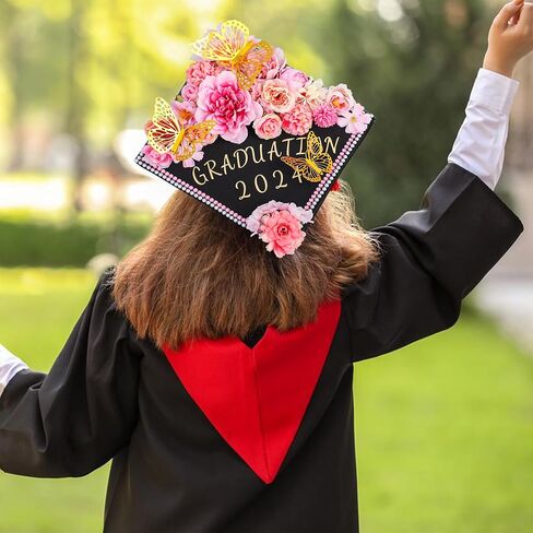 Graduation Cap Decorations Kit Include Assorted Flowers 3D Butterfly Stickers Glitter Rhinestones Alphabet Letter Number Stickers for DIY Grad Cap 2025 Graduation Party Supplies (Pink Flower) in Saudi Arabia