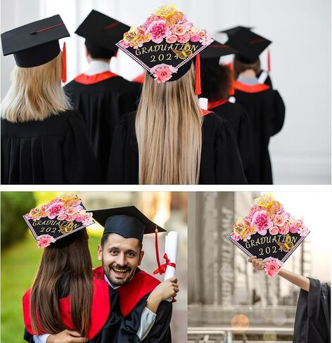 Graduation Cap Decorations Kit Include Assorted Flowers 3D Butterfly Stickers Glitter Rhinestones Alphabet Letter Number Stickers for DIY Grad Cap 2025 Graduation Party Supplies (Pink Flower) in Saudi Arabia