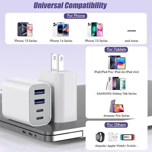 كتلة شحن سريعة USB، محول شحن 4 منافذ بقدرة 40 وات لشاحن iPhone USB C مزدوج، شاحن سريع متعدد المنافذ من النوع C لهواتف iPhone 15/15 Plus/ 15 Pro/15 Pro Max/14/13/12/11، iPad Pro/iPad Air ، آيباد ميني، آيباد in Kuwait