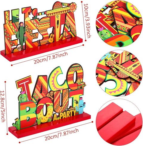 Blulu Fiesta Party الديكور المكسيكي Fiesta Table Signs Taco Bout a Party طاولة خشبية مركزية لعيد الميلاد المكسيكي Cinco de Mayo ديكور حفلات أعياد الميلاد، 7.87 × 4.72 بوصة، قطعتان in Kuwait