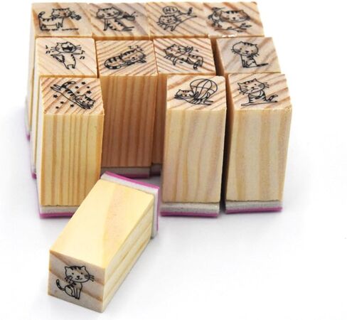 مجموعة طوابع مطاطية خشبية صغيرة لطيفة من Youkwer مكونة من 12 قطعة للحروف وحرف المذكرات وسجلات القصاصات في علبة الثقاب (قطة جميلة عتيقة) in Kuwait