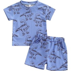 Toddler Boy Summer Clothes Short Sleeve Dinosaur T Shirt Cartoon Shorts Baby Outfits Clothing Set (Dinosaur T Shirt Sky Blue, 12-18 Months)