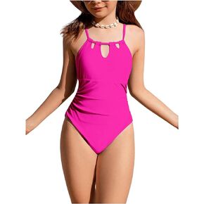 Milumia Girl's Ditsy Floral One Piece Swimsuit Ruched Crisscross Back Bathing Suit Swimwear Hot Pink 8Y