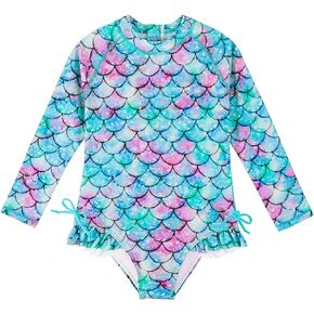 Toddler Girls Rash Guard Swimsuit Long Sleeve One Piece Swimwear Ruffled Zipper Bathing Suit UPF 50+ Bikini 1-5T