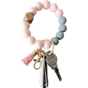 Silicone bead keyring bracelet, bead wrist bracelet car keychain， with PU leather tassel keyring bracelet, silicone bead bracelet keychain for women's gifts