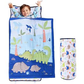 Toddler Nap Mat - 3D Dinosaur Design with Removable Pillow and Soft Blanket, Kids Slumber Bag for Daycare, Preschool, Travel, and Camping（53"x21",1 Pack）