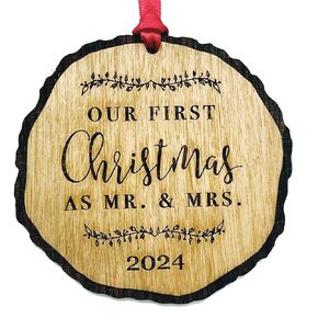 First Christmas as Mr & Mrs Ornament 2024, Rustic 1st Married Christmas Ornament, First Married, Laser Engraved Wooden Ornament, with Red Ribbon and Gift Box