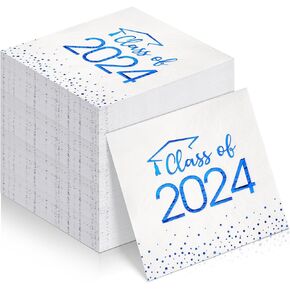 100Pcs Class of 2024 Graduation Napkins, Disposable Congrats Grad Paper Cocktail Napkins Square Foil Dot Hand Towels for 2024 School University College Graduation Party Decorations（Blue）