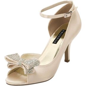 ERIJUNOR Women Comfortable Middle Heel Peep Toe Bows Rhinestones Satin Wedding Evening Party Shoes