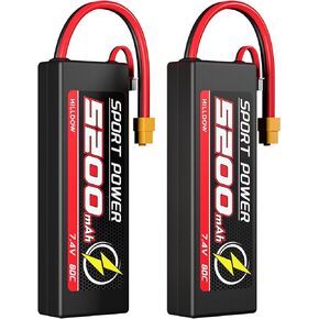 Hilldow 7.4V Lipo Battery 2S 65C 5200mAh Lipos Hard Case Rechargeable Batteries with XT60 Connector for RC Car Trucks 1/8 1/10 RC Vehicles Boat (2 Packs)