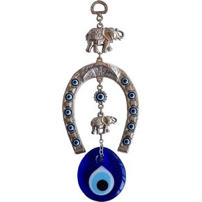 Turkish Silver Horse Shoe Blue Evil Eye Wall Hanging Ornament with Elephant - Turkish Nazar Bead Amulet – Home Protection and Good Luck Charm Gift in a Box