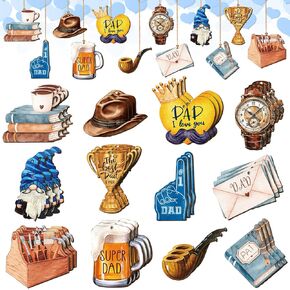 24 Pcs Father's Day Decorations Father's Day Tree Ornaments Dad Wood Hanging Ornaments Father's Day Slices Tags Blue Tags Embellishments for Dad Man Birthday Party Tree Table Decor