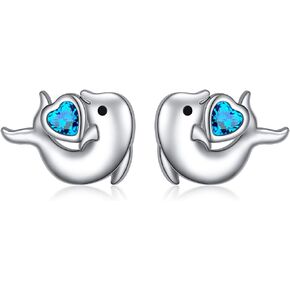 Dolphin Stud Earrings for Women Girls 925 Sterling Silver Marine Life Jewelry Dolphin Heart Earrings Christmas Birthday Dolphin Gifts