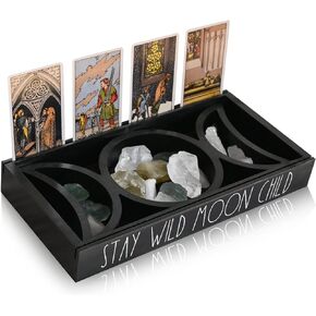 Crystal Holder for Stones Display, Tarot Card Holder Stand, Crystal Storage Organizer, Moon Tray, Altar Supplies Case, Tarot Decor, Zen Decor, Tarot Card Accessories Gifts (Black)