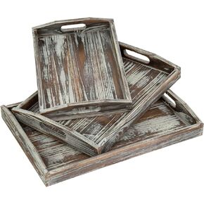 MyGift Dark Brown Wood Serving Trays - Nesting Breakfast, Ottoman, Decorative Coffee Table Tray with Handles, 3-Piece Set