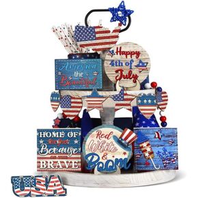Patriotic Farmhouse Tiered Tray Decor Set 13 Pcs, July 4th Tiered Decoration Wood Rustic Memorial Day Sign Red Wooden White Blue Table Tiered Decor for Independence Day Labor Home Decor