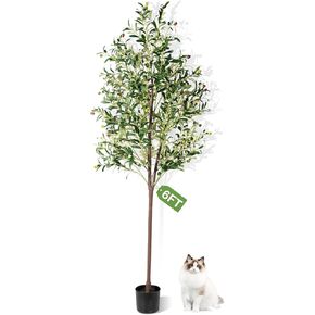 Artificial Olive Tree, 6FT Potted Silk Faux Olive Tree for Home Office Decor Fluffy Olive Trees Artificial Indoor with Realistic Trunk, Branches, Leaves and Fruits, Fake Olive Tree for Gift