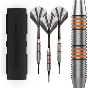 Accudart Soft Tip Dart Set 2.0 - Stainless Steel Finish Barrel - Radial Grooves - Polycarbonate Shafts - Standard Shape Flights - Tri-Fold Case for Convenient Front or Back Storage