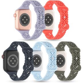 TSAAGAN 5 Pack Lace Silicone Bands Compatible for Apple Watch Band 38mm 40mm 41mm 42mm 44mm 45mm 49mm, Slim Hollow-out Breathable Sport Thin Strap for iWatch Series 9/Ultra/8/7/SE/6/5/4/3/2/1 Women Men