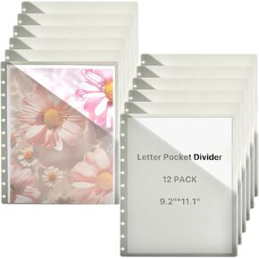 12 Pack Discbound Pocket Dividers, 9.2" x 11" Letter Pocket Pages Discbound for Discbound Notebook System, Disc Binder Accessories Discbound Organizer with Double Pocket Gray