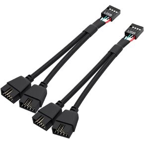 2 حزمة اللوحة الأم 9 دبوس USB 2.0 إلى ثنائي 9 دبوس تمديد الفاصل، اللوحة الأم USB الفاصل 9 دبوس كابل رأس، USB2.0 رأس الفاصل للوحة الأم للكمبيوتر الداخلي (أسود مضفر)