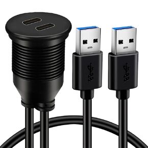 BATIGE Dual Port USB 3.0 Male to 2 Ports Type C 3.0 Female Car Flush Mount Cable USB C 3.0 Panel Mount Extension Cable for Car Truck Boat Motorcycle - 3ft